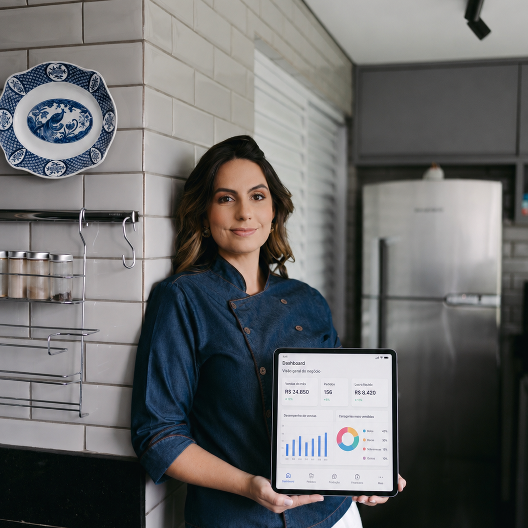 Débora Vasconcelos segurando um tablet
